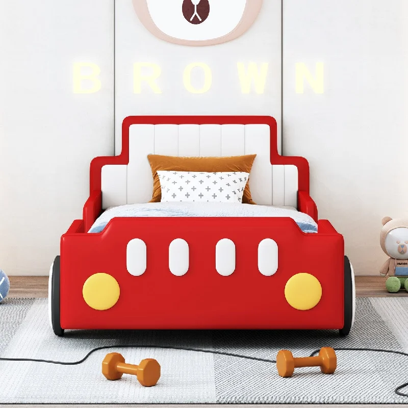 Twin Size Kids Car-Shaped Platform Bed, Solid Wood Bed Frame w/ Wheels