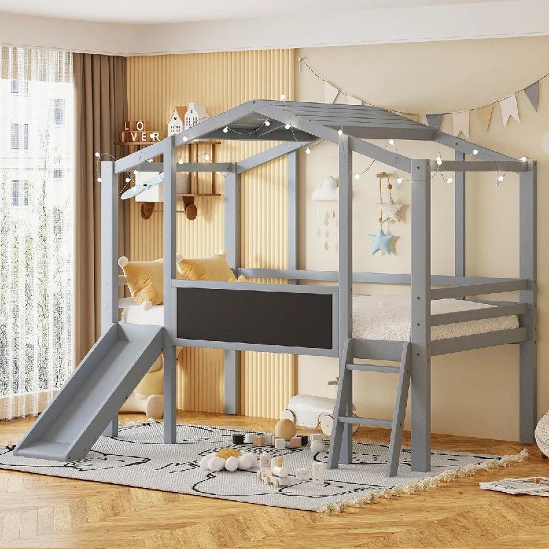 Twin Size Loft Bed with Ladder, Slide & Blackboard Roof - Gray