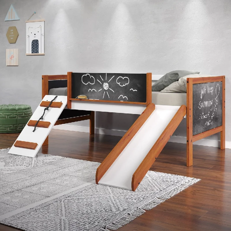 Twin Size Loft Bed with Slide and Blackboards