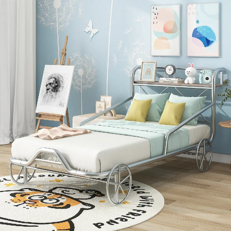 Twin Size Metal Car Bed with Four Wheels, Guardrails and X-Shaped Frame Shelf, with A Storage Rack