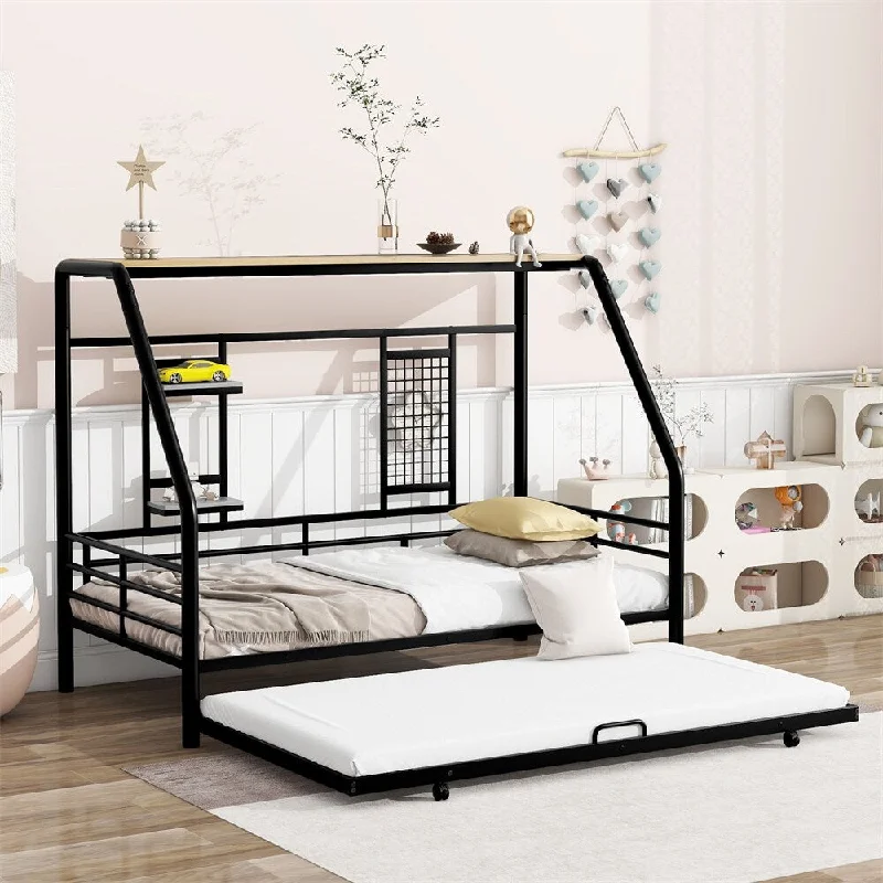 Twin Size Metal House Bed with Trundle