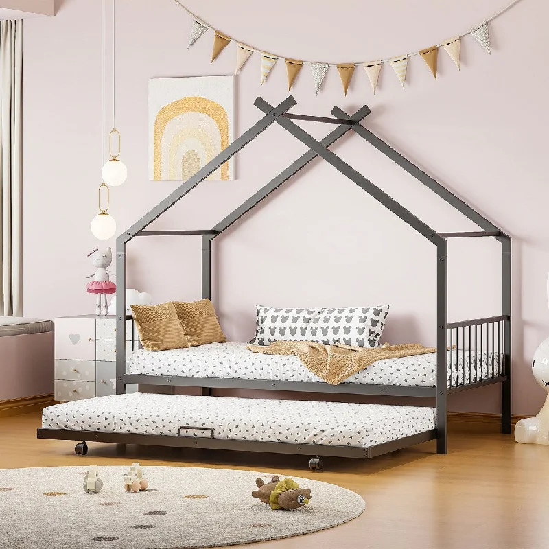 Twin Size Metal House Bed with Twin Size Trundle, Black House-shaped Frame with Roof for Kids Daybed Platform Bed