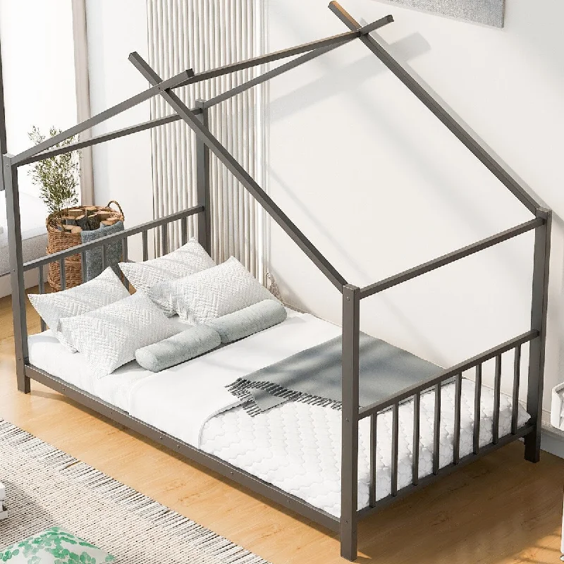 Twin Size Metal House Platform Bed with Solid Metal Legs