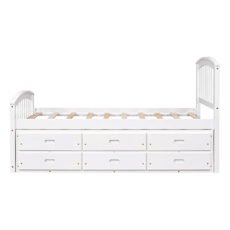 Twin Size Platform Storage Bed Solid Wood Bed with 6 Drawers, Supported By Wooden Boards