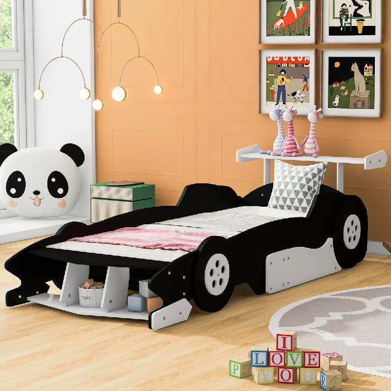 Twin Size Race Car-Shaped Platform Bed with Wheels, Black