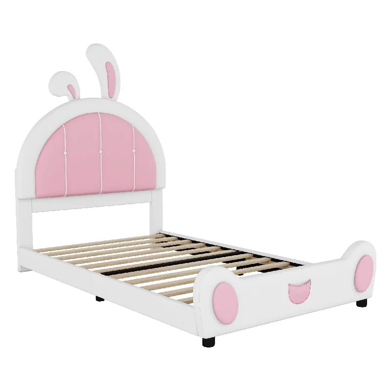 Twin Size Upholstered Platform Bed with Rabbit Shaped Headboard