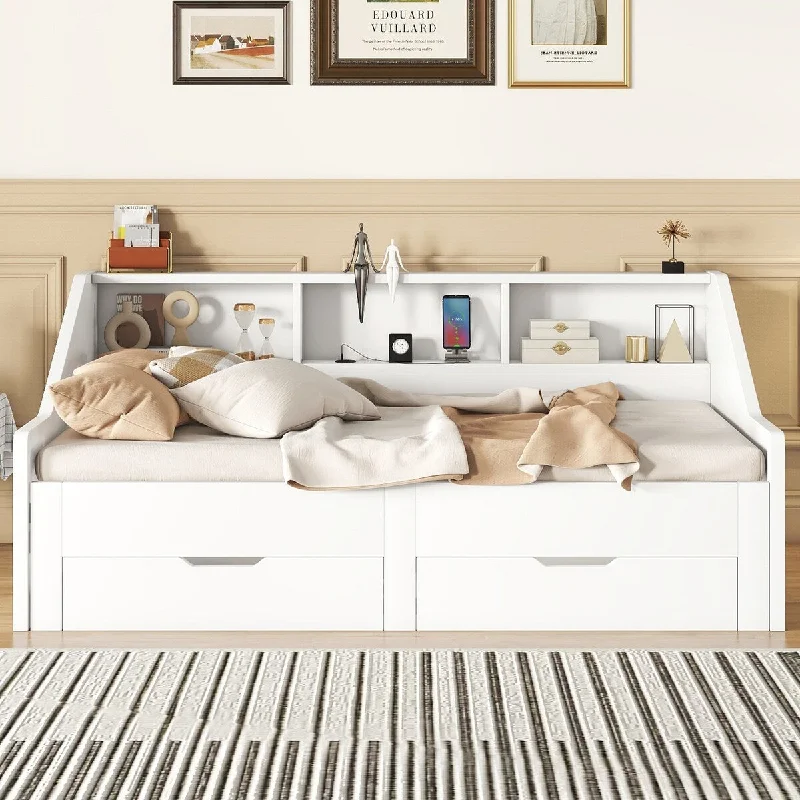 Twin to King Size Daybed Frame with Storage Bookcases and 2 Drawers, Charging Design, White