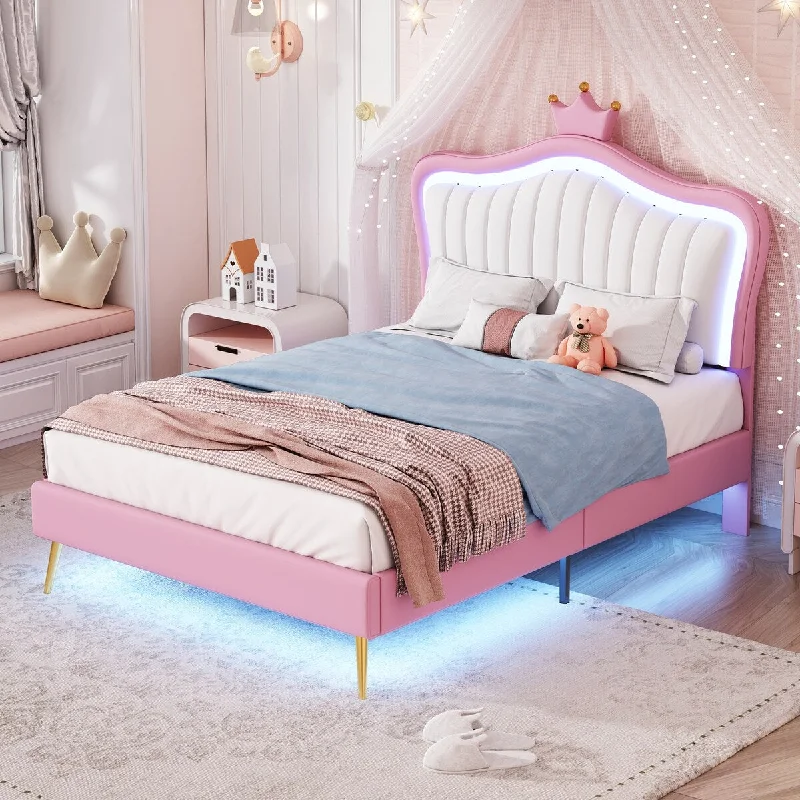 Twin Upholstered Platform Bed with LED Lights for Added Ambiance