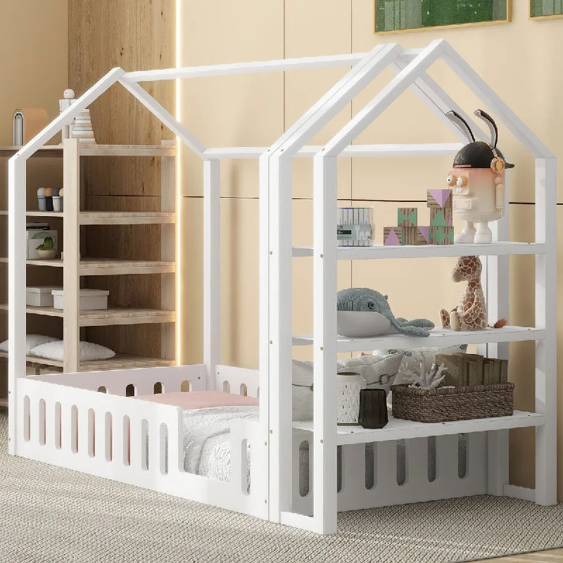 Twin Wood Kid's House Bed with Fence and Storage Shelves - Two Colors