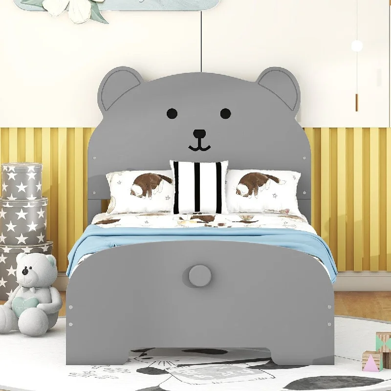 Twin Wood Platform Bed with Bear-Shaped Headboard