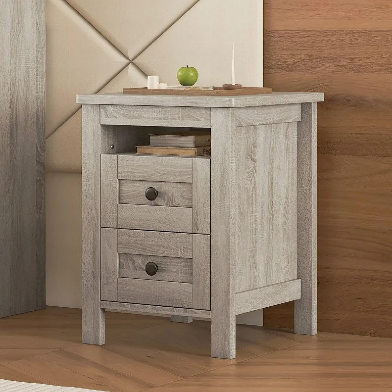 Two-Drawer Farmhouse Nightstand with Storage Cabinet, Grey for Bedroom