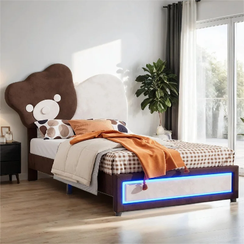 Upholstered Platform Bed with Bear Shaped Headboard, LED Light Strips