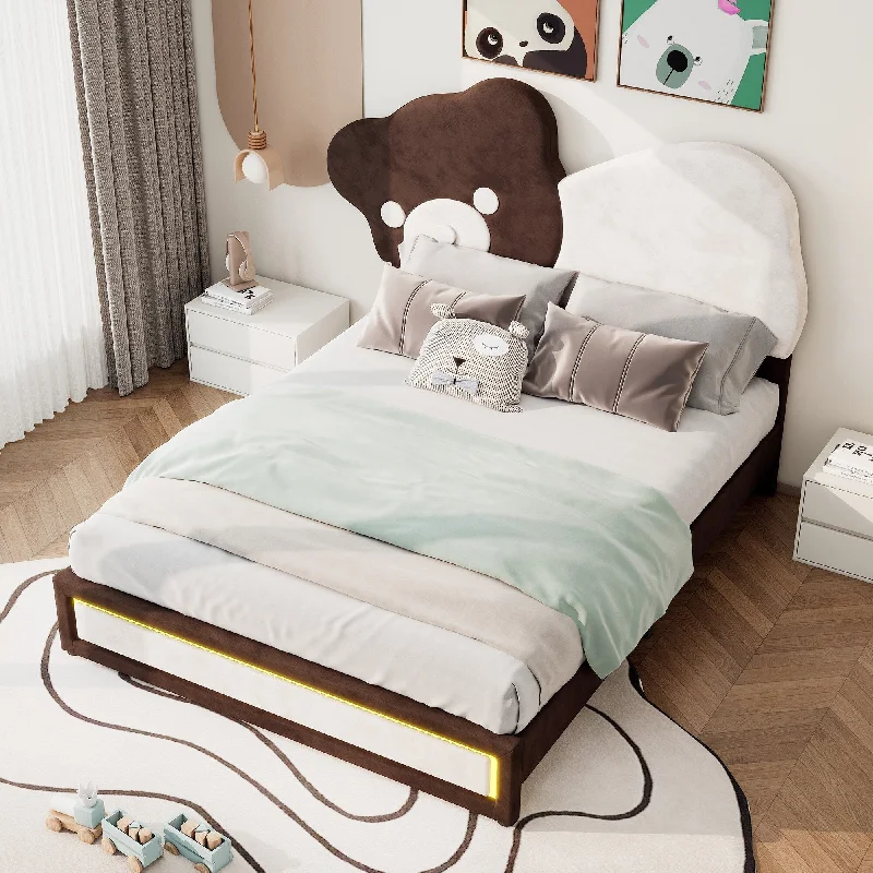 Upholstered Platform Bed with Bear Shaped Headboard, LED Light Strips, White + Brown