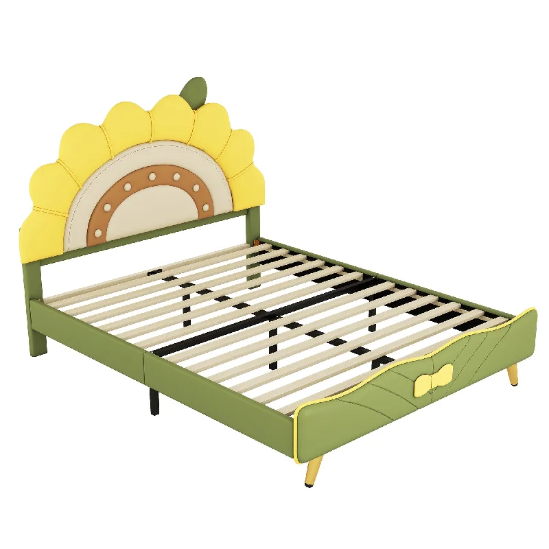 Upholstered Platform Bed with Sunflower Shaped Headboard, Green