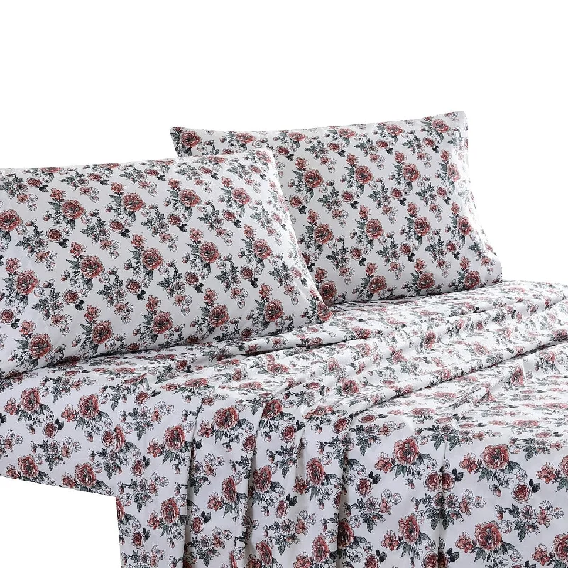 Veria 3 Piece Twin Bedsheet Set with Rose Print The Urban Port, White and Pink