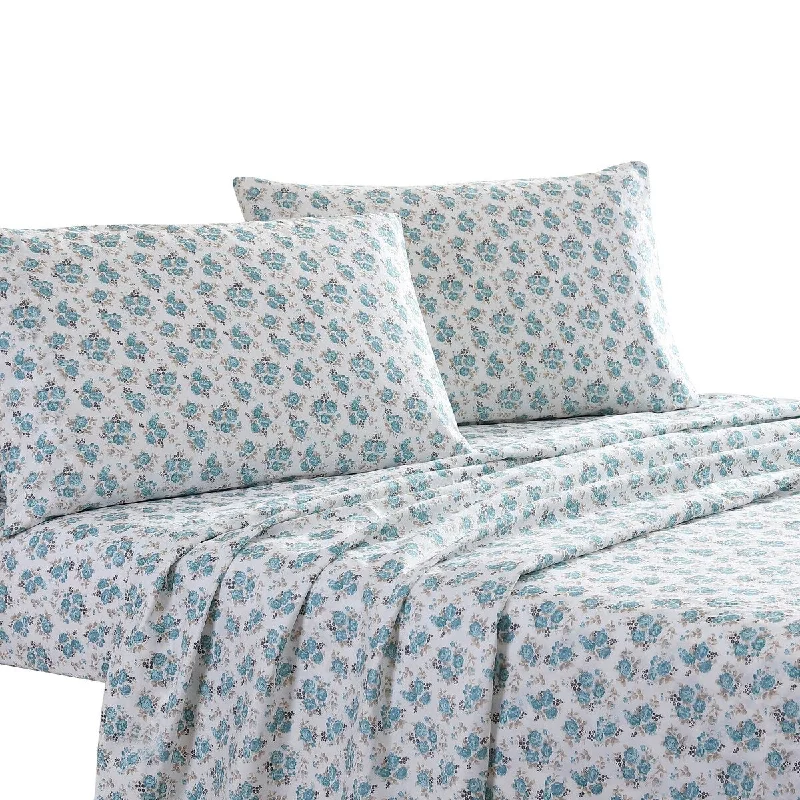 Veria 4 Piece Full Bedsheet Set with Rose Print The Urban Port, White and Blue