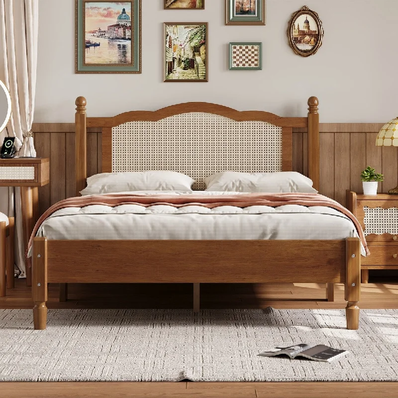 Vintage Bed Frame with Wooden Slat Support, Walnut Platform Bed