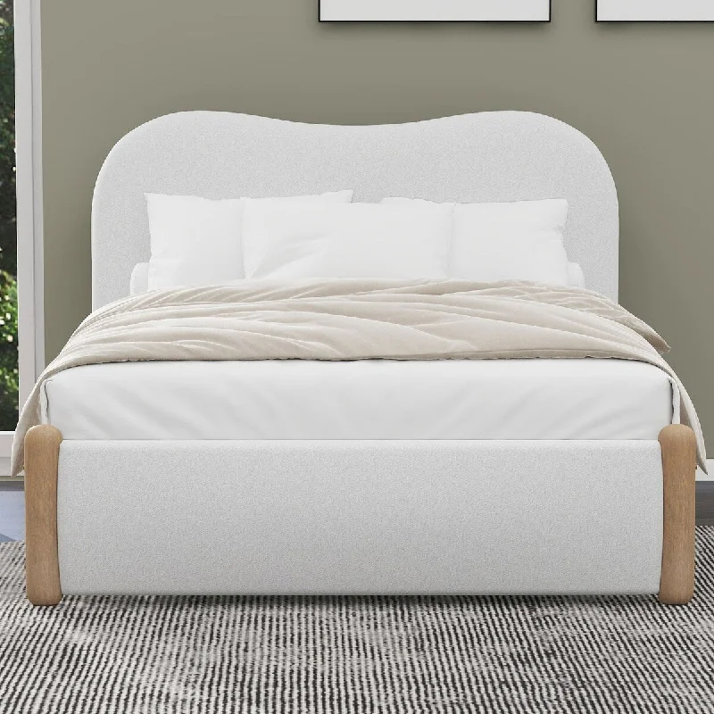 White Upholstered Platform Bed Traditional Wood Bed Frame & Berber Fleece Upholstered Wrap, Wood Supporting Feet - Full Size