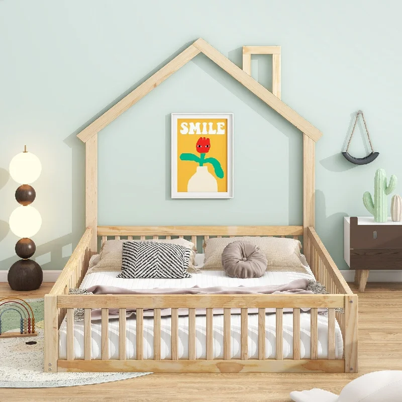 Wood Full Size House-shaped Platform Bed with Guardrail