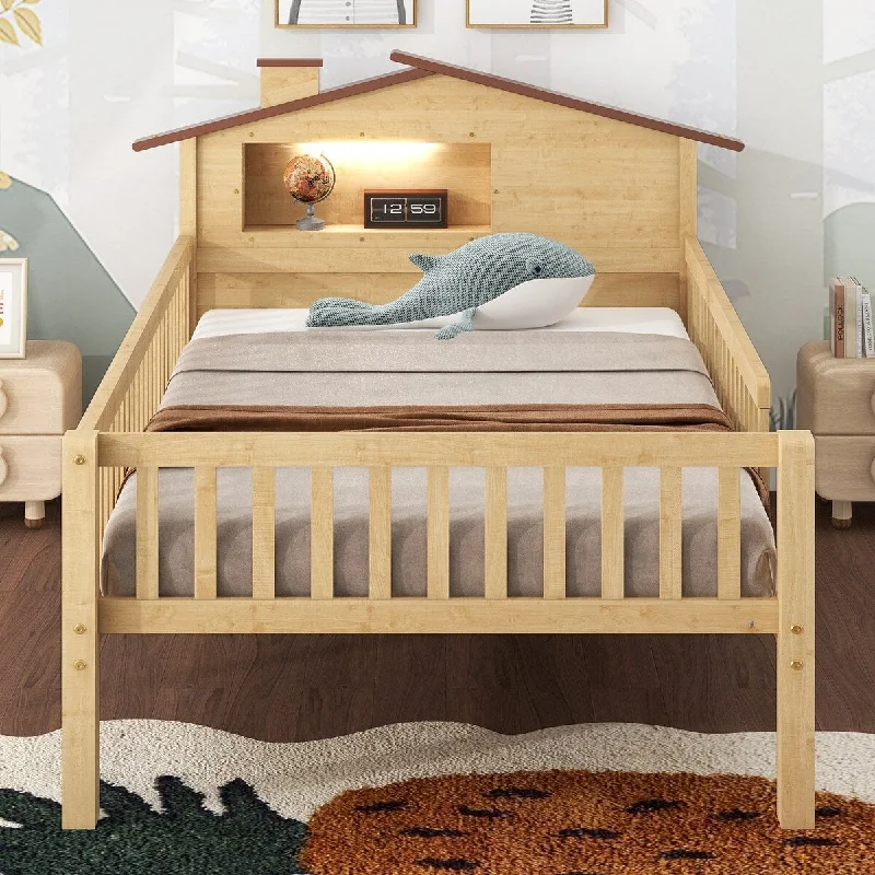 Wood House-shaped Twin Size Platform Bed with LED and Built-in Storage and Safety Guaranteed