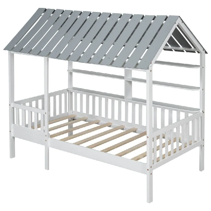 Wood Twin Size House Bed with Roof /Guardrail and Shelves