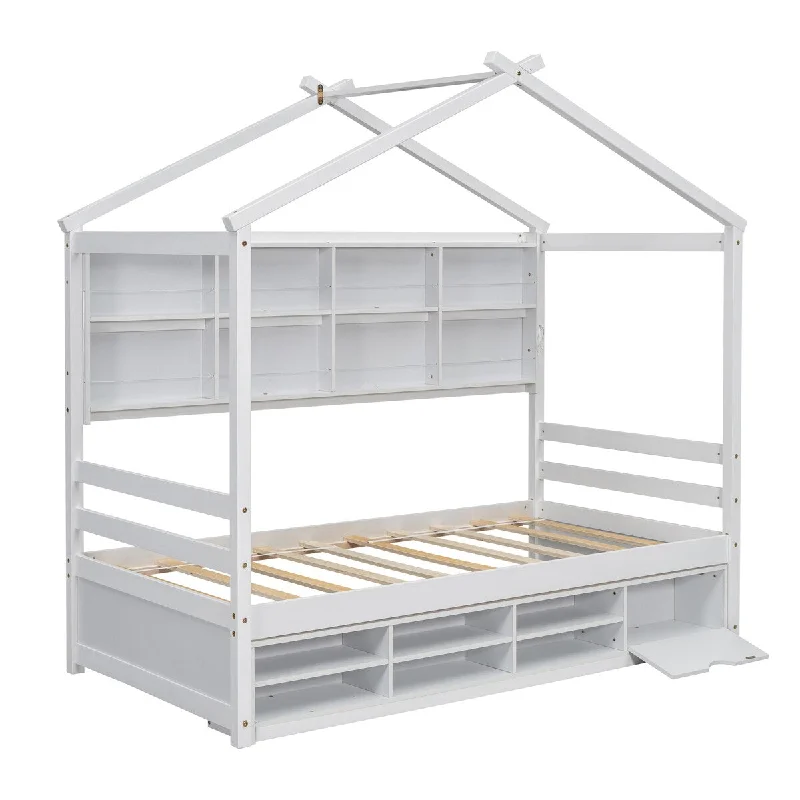 Wooden Twin House Bed with Roof Frame, Shelves, and Under-Bed Storage