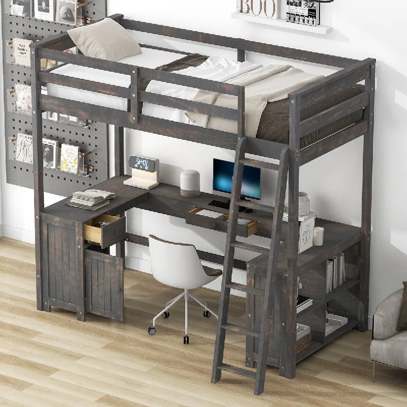 Wooden Twin Size Loft Bed with Desk, Drawers, Storage Shelves and Ladder