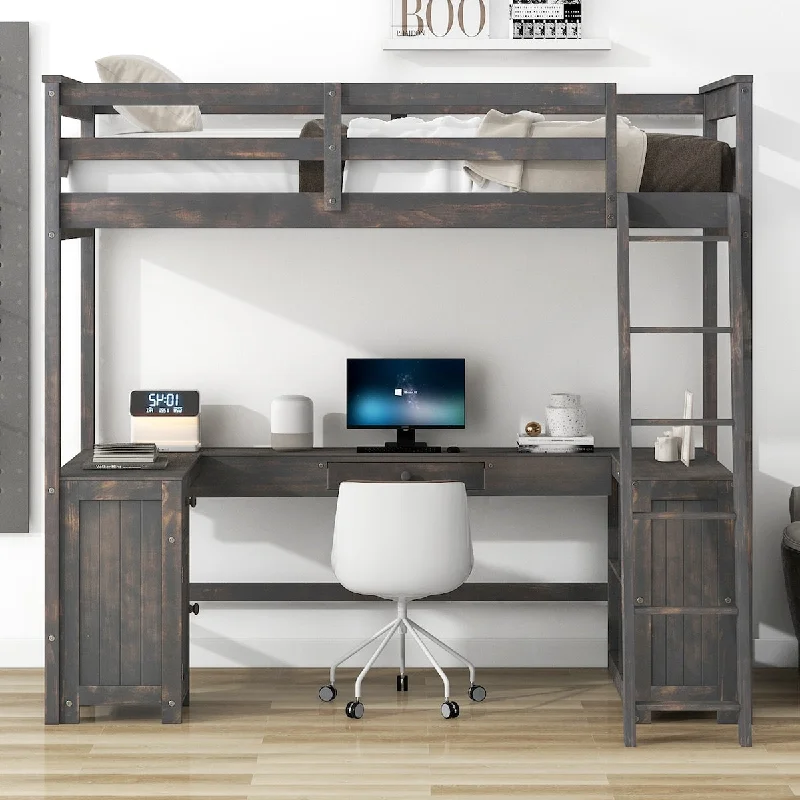 Wooden Twin Size Loft Bed with Desk, Drawers, Storage Shelves and Ladder