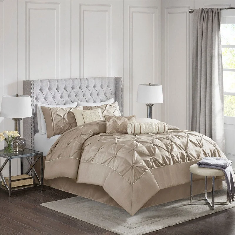 7pc King Size Embroidery Tufted Comforter Set Taupe