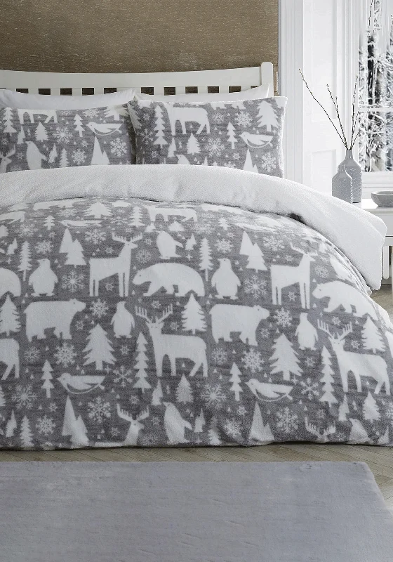 Fusion Arctic Animals Fleece Duvet Cover Set, Grey