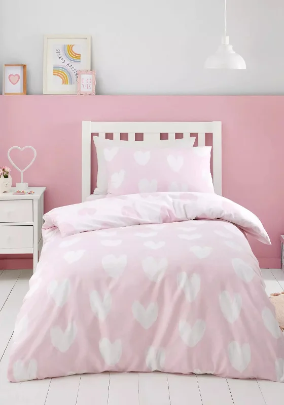 Catherine Lansfield Brushed Hearts Reversible Duvet Cover Set, Pink