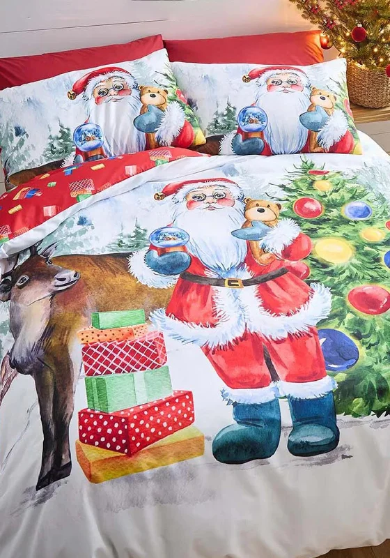 Catherine Lansfield Retro Santa Duvet Cover Set, White Multi