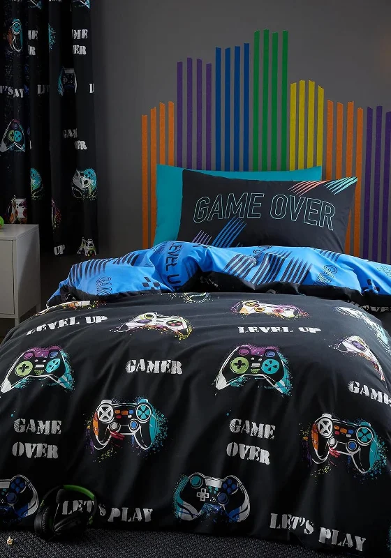 Catherine Lansfield Game Over Print Duvet Cover Set, Black