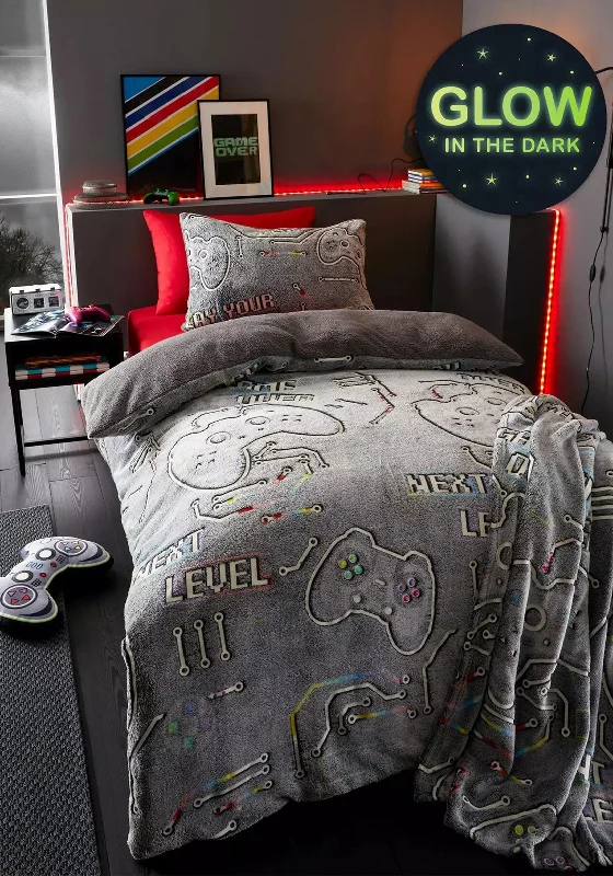 Catherine Lansfield Game Over Glow in the Dark Duvet Set, Grey Multi