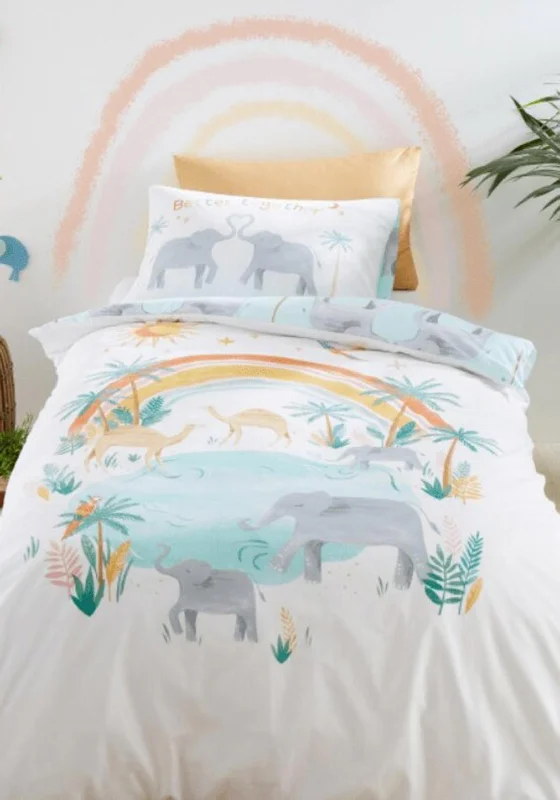 Pineapple Elephant Kids Paradise Desert Animals Duvet Set, Pastel