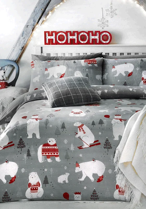 Fusion Polar Bear Print Christmas Duvet Cover Set, Grey