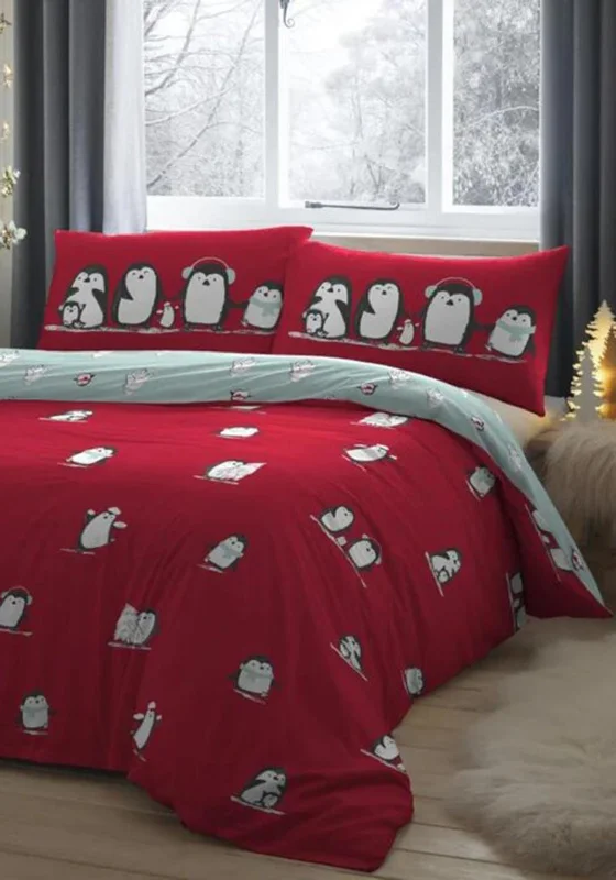 Fusion Reversible Snowy Penguin Double Duvet Set, Red & Grey