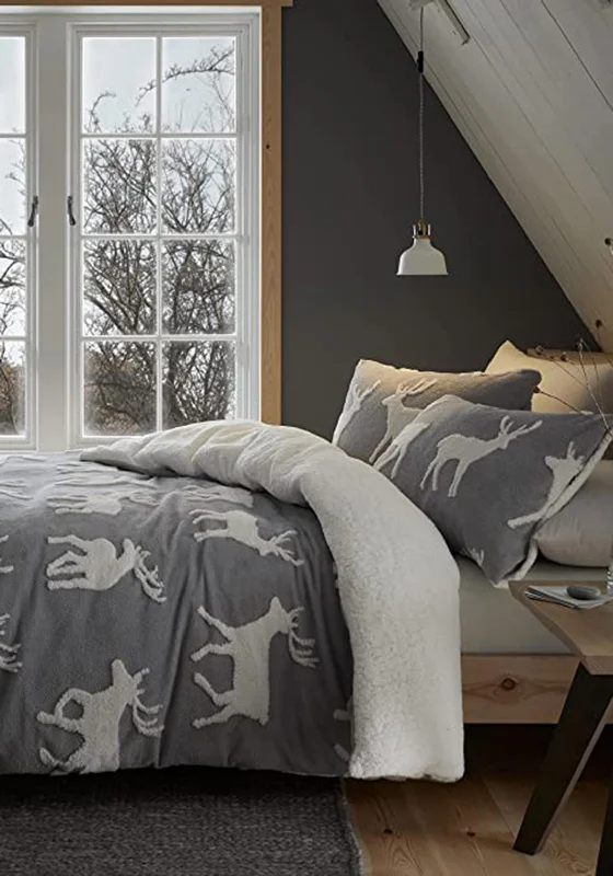 Catherine Lansfield Stag Sherpa Jacquard Duvet Set, Grey