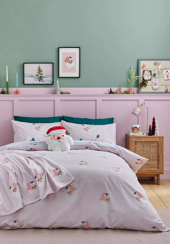 Catherine Lansfield Vintage Christmas Santa Duvet Cover Set, Pink