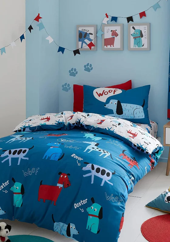 Catherine Lansfield Kids Reversible Woofing Dogs Duvet Set, Blue